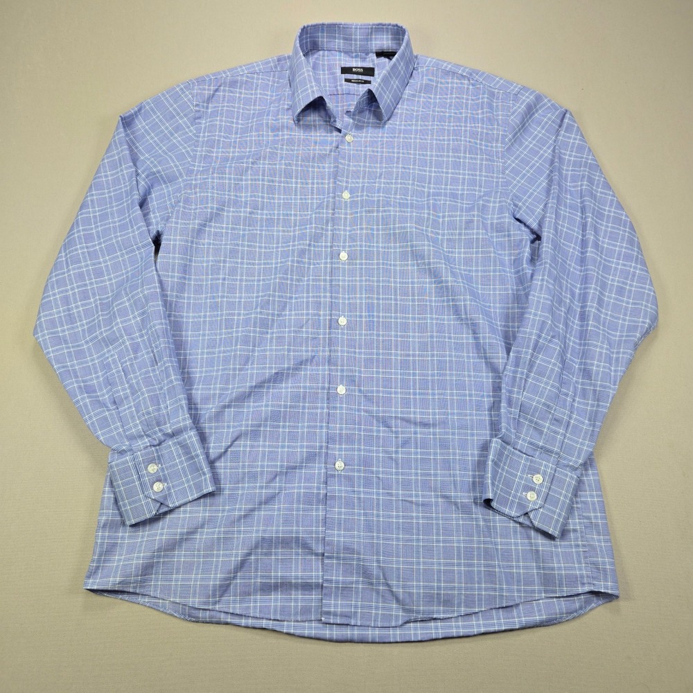 Hugo‎ Boss Mens Blue White Plaid Button Down Dress Shirt Regular Fit 17 34/35